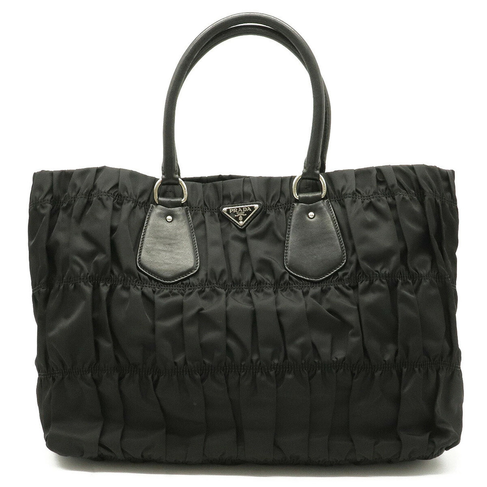 Prada Gathered Tote Bag Shoulder Leather NERO Black
